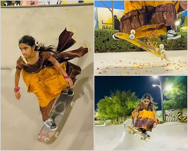UAE: Indian expat girl from Kerala goes viral for skating in silk dhavani for Onam